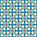 Blue flowers, green leaves and squares create a pattern on a white background. Floral seamless texture. Vector Royalty Free Stock Photo